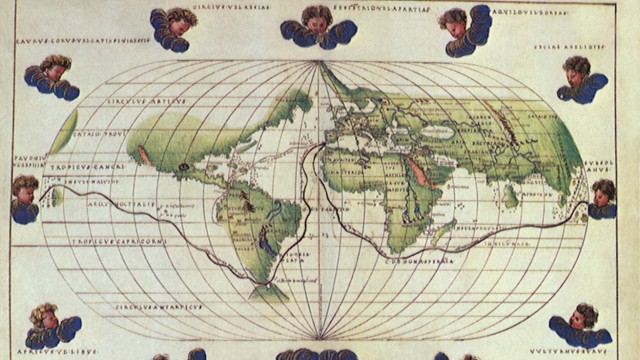 Seemannsgarn: Weltkarte mit Winden und der Route Magellans.