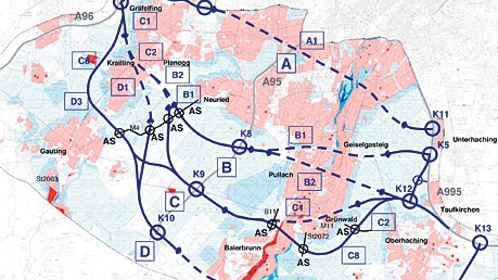 Südring-Autobahn: Planung der Südring-Autobahn: Die acht Hauptvarianten und drei Untervarianten für Phase drei.