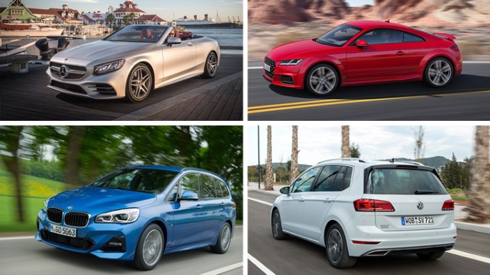BMW, Mercedes, VW, Audi: Vier Autos, die bald nicht mehr verkauft werden: Mercedes S-Klasse Cabrio, Audi TT, VW Golf Sportsvan und BMW 2er Gran Tourer (von links oben im Uhrzeigersinn).