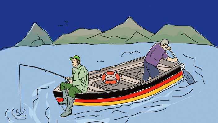 30 Jahre Mauerfall: Ossi zum Wessi : "Wir sitzen alle in einem Boot." Wessi zum Ossi : "Genau, die einen müssen rudern und die anderen dürfen angeln." Ist das lustig? Ansichtssache.