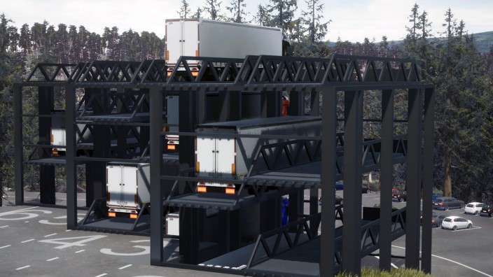 Güterverkehr: Im Truck-Parkhaus werden die Lastwagen in mehreren Ebenen übereinander gestapelt.