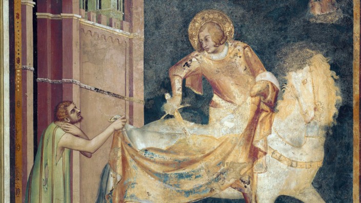 Saint Martin partage son manteau avec un mendiant Fresque de Simone Martini 1282 1344 1315 Ba