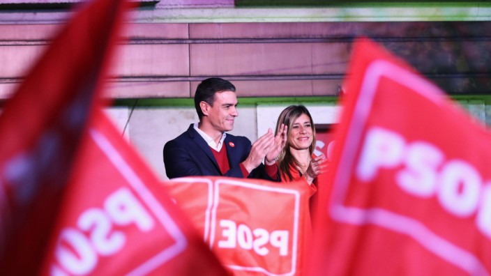 Wahl in Spanien 2019: PSOE-Chef Pedro Sanchez bei der Wahlparty in Madrid