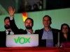 Spain's far-right party VOX candidate Santiago Abascal reacts during Spain's general election at the party headquarters in Madrid