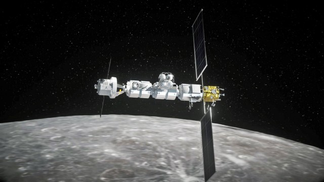 Raumfahrt: Das Lunar Gateway soll im Mondorbit als Zwischenstation für Astronauten dienen, die dort dann in in eine Fähre zur Mondoberfläche umsteigen. Auch bei diesen Komponenten könnten deutsche Firmen mitbauen. Illustration: Airbus