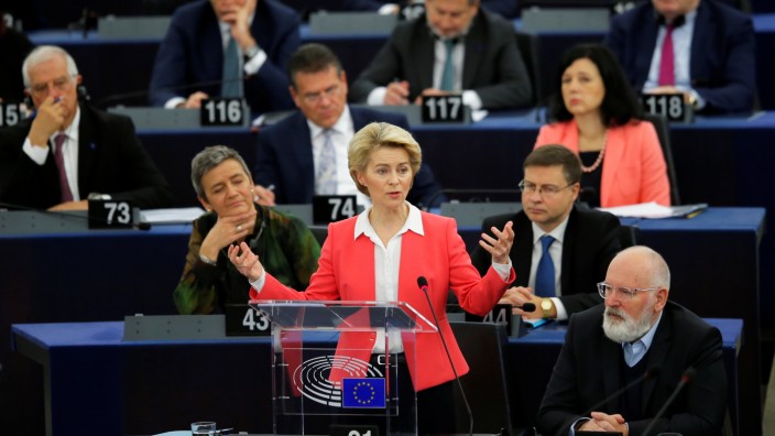 European Commission President-elect von der Leyen addresses the European Parliament in Strasbourg
