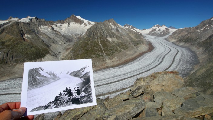 Picture of the Aletsch Glacier, taken between 1860 and 1890, is displayed in the same location in 2019