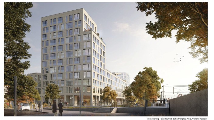 Unterschleißheim: Der Entwurf des Büros Steidle Architekten hat die Jury überzeugt. Hier werden die Neubauten von der Bahnseite aus gezeigt.