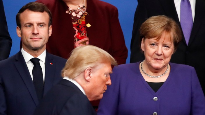 Nato-Treffen in London: Streit in der Familie: Emmanuel Macron, Angela Merkel und Donald Trump auf dem Nato-Gipfel.