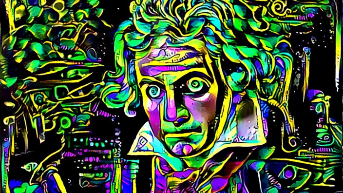 Musik und Künstliche Intelligenz: Wenn Künstliche Intelligenzen malen: So sieht der „Deep Dream Generator“ Joseph Karl Stielers Beethovenporträt als Pop Art.