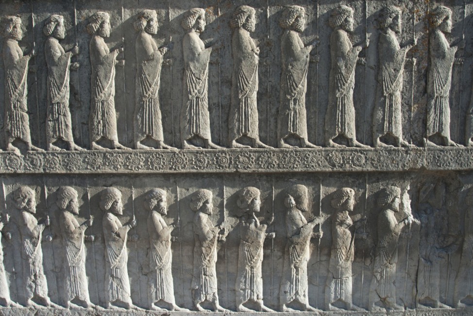 Carvings of soldiers in the Apadana Stairway of Persepolis Shiraz Iran Shiraz Iran PUBLICATIONxIN