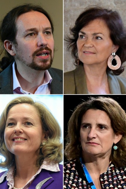 Spanien: Gleich vier stellvertretende Premiers gibt es in Spanien: Pablo Iglesias, Carmen Calvo, Teresa Ribera and Nadia Calviño (im Uhrzeigersinn).