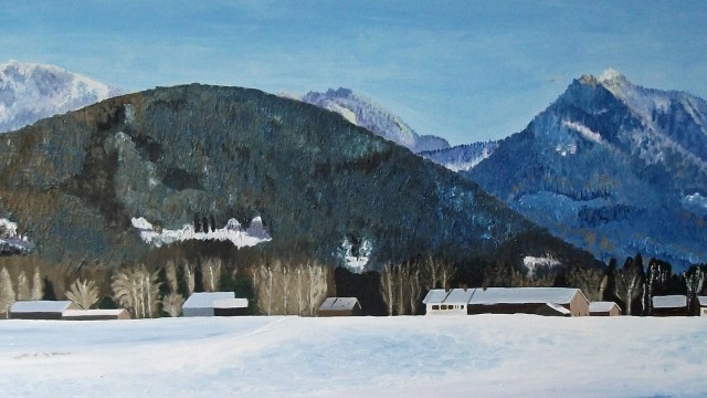 Im Maierhof des Klosters: Elke Wanner hat das Blaue Land an einem klaren Wintertag gemalt. Das Gemälde misst 30 auf 100 Zentimeter und ist im Rahmen der Ausstellung "Himmlische Momente" im Zentrum für Kultur und Umwelt zu sehen.