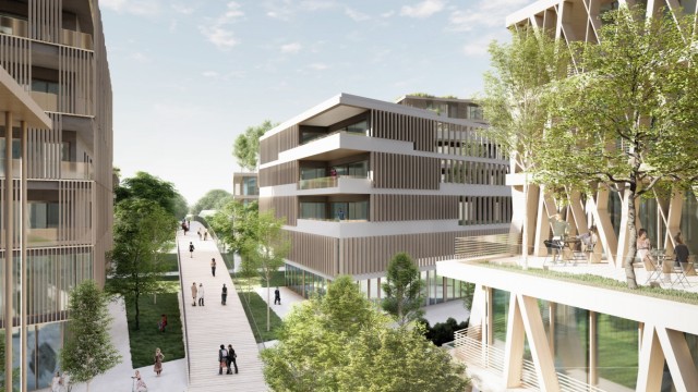 Im Starnberger Gewerbegebiet: Auf insgesamt 30.000 Quadratmetern Fläche soll in wenigen Jahren Arbeiten und Wohnen möglich sein. Animation: Kehrbaum Architekten