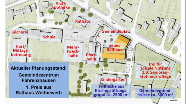 Unverständnis in Fahrenzhausen: Derzeit ist das neue Rathaus auf dem Kirchengrundstück neben dem Pfarrheim geplant, das freie Areal daneben soll sozial genutzt werden. Plan: Gemeinde Fahrenzhausen