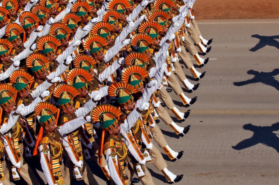 Indian soldiers march during the full dress rehearsal for the Republic Day parade in New Delhi,