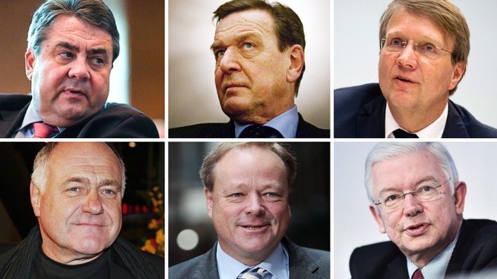 Wechsel in die Wirtschaft: Von oben links im Uhrzeigersinn: Sigmar Gabriel (SPD), Gerhard Schröder (SPD), Ronald Pofalla (CDU), Roland Koch (CDU), Dirk Niebel (FDP) und Rezzo Schlauch (Grüne).