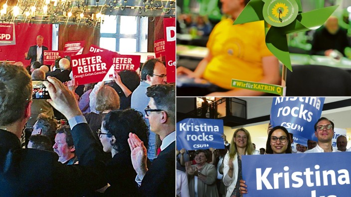 Kommunalwahl: Schilderfreunde: Sowohl OB Dieter Reiter (SPD, großes Bild) wie auch seine Herausforderinnen von den Grünen und der CSU werden bei ihren Wahlkampfauftritten gefeiert.