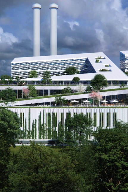 Sendling: Fünf Etagen hoch soll der Großmarkt entlang des Heizkraftwerks Süd gebaut werden, darüber Büros für 3000 Mitarbeiter und öffentlich zugängliche Dachgärten. Simulation: Architekturbüro Gunter Henn