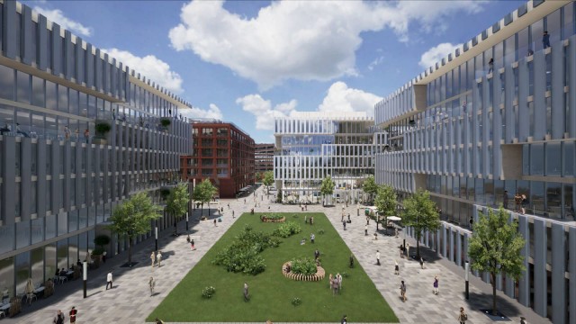 Freimann: In München boomt der Markt für Gewerbeimmobilien. Die Nachfrage ist gewaltig, der Leerstand gering. Mit dem "Campus Freimann" sollen vier Bürohäuser neu entstehen. Das rote Gebäude links hinten wird als erstes errichtet, das weiße rechts daneben als zweites.