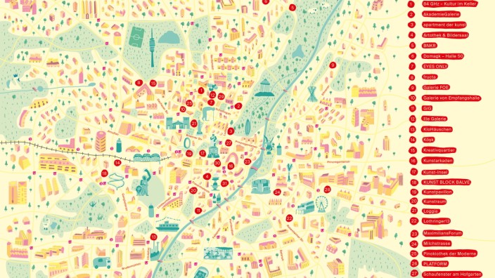 Kunstorte in München: In dieser Karte sind die Hotspots zusammengetragen. (Illustration: Nina Bachmann)