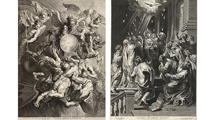 Kunstgeschichte: In die Breite wirken: Links der „Engelsturz“ von Lucas Vorsterman (1621) und „Das Pfingstwunder“ von Paulus Pontius.