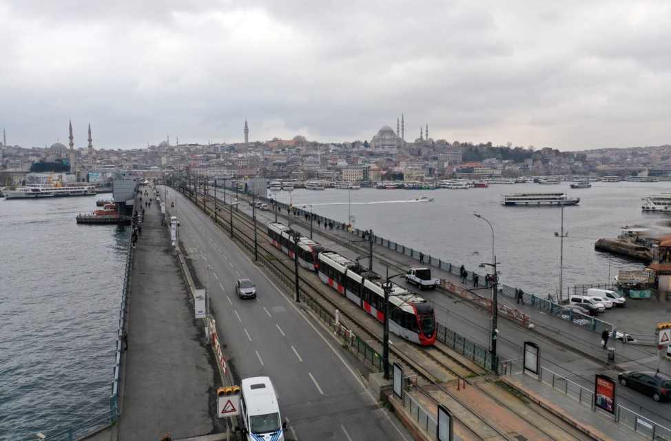 An aerial view shows an usually busy Galata bridge during the outbreak of coronavirus disease (COVID-19), in Istanbul