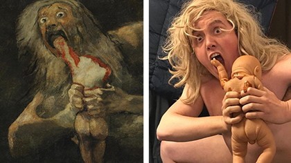 Saturn frisst seinen Sohn, Goya, Gemälde großer Meister, nachgestellt von Leuten, die sich in Corona-Quarantäne langweilen. Hier: Saturn verschlingt seinen Sohn, frei nach Francisco de Goya
Foto: covidclassics/Instagram