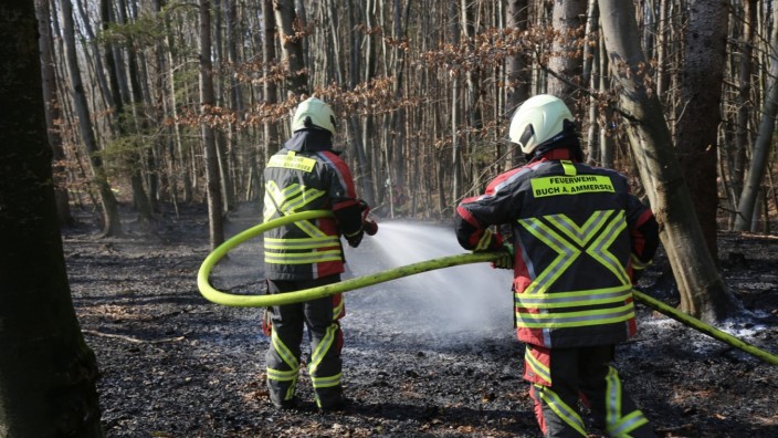 Waldbrand bei Herrsching: Feuerwehrleute bei den Löscharbeiten im Wald.