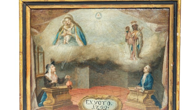 Brauchtum: Ein Votivbild von 1799: Die betende Frau hält den Marien-Gnadenbildern eine Lunge entgegen.