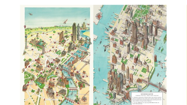 Reisebuch: Reduzierung auf das Wesentliche: Katherine Baxter zeigt auf ihren Karten nur die relevantesten Gebäude, Straßen und Metrostationen ind London und New York.