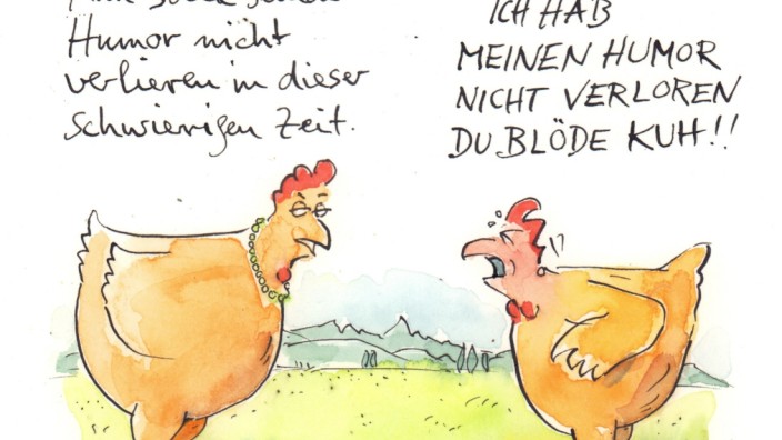 Ein Gespräch über Humor in Krisenzeiten: "Man sollte seinen Humor nicht verlieren", lautet der Titel des Hühner-Cartoons zu Corona.