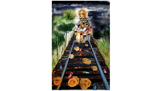 Serie "Welt im Fieber": Indien: Gemälde mit der Darstellung des jüngsten Eisenbahnunfalls.