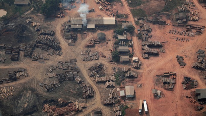An aerial view of logs illegally cut from Amazon rainforest are seen in sawmills near Humaita