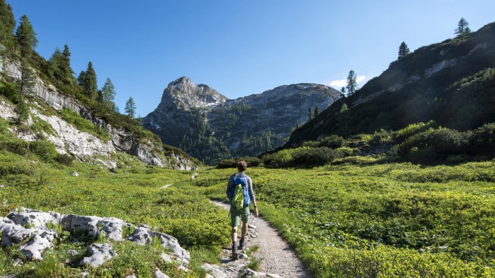 Wanderer auf Wanderweg zum Kärlingerhaus hinten Gipfel Viehkogel Nationalpark Berchtesgaden Berch