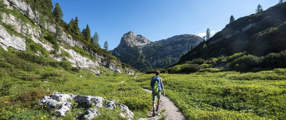 Wanderer auf Wanderweg zum Kärlingerhaus hinten Gipfel Viehkogel Nationalpark Berchtesgaden Berch