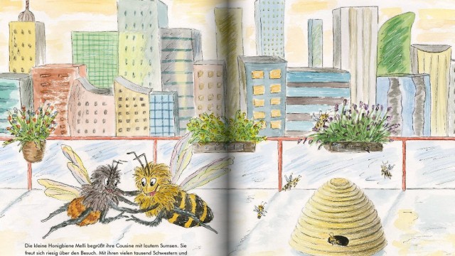 Kultur: Mia, die Mauerbiene (links) trifft ihre Cousine Melli, eine Honigbiene, die auf einem Hochhausdach lebt. Gemeinsam erkunden die beiden Stadt und Land.