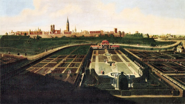 Klimawandel: Das La-Rosée-Schlösschen auf einem Gemälde von Peter Jakob Horemanns aus dem Jahr 1749. Die Anlage vor dem Sendlinger Tor entstand um das Jahr 1600.