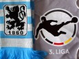 Vereinswappen der Drittligisten TSV 1860 München, Wappen der 3. Liga und Mundschutzmaske. Die Drittligisten wollen die d; 1860