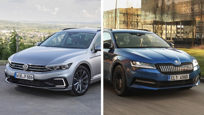 Plug-in-Hybrid-Kombis im Vergleich: Der Škoda Superb Combi iV und der VW Passat Variant GTE unterscheiden sich zwar optisch, greifen aber auf dieselbe Technik zurück.