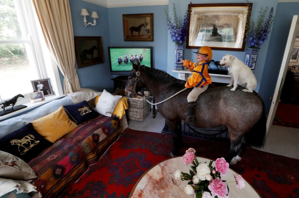 Merlin Coles 3, watches the horse racing from Royal Ascot on TV at his home