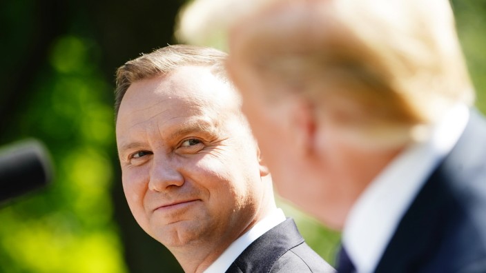 US President Donald J. Trump (R) and Polish President Andrzej Duda hold a joint press conference in the Rose Garden of