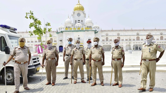 AMRITSAR, INDIA - JUNE 5: Punjab Police personnel deployed outside the Golden Temple on June 5, 2020 in Amritsar, India.