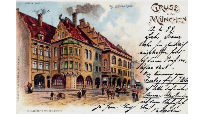 150. Jubiläum: Historische Ansichtskarte aus München, Ende des 19. Jahrhunderts. Das Motiv zeigt eine Straßenszene vor dem damals "Königlichen Hofbräuhaus".