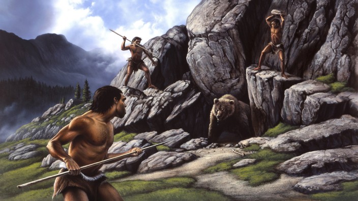 Neanderthals hunt a cave bear PUBLICATIONxINxGERxSUIxAUTxONLY Copyright JerryxLoFaro StocktrekxIma