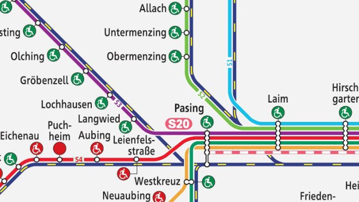 Mitten in Puchheim: Ein Ausschnitt des MVV-Netzplans, auf dem einzig der Bahnhof Puchheim als roter Punkt einzige rote Punkt ist. S4 barrierefrei - Pucheim, allei auf weiter Flur (allerdings sind auch FFB - Buchenau und Grafrath ebenso wenig barríerefrei...) - und auf der S3 Haspelmoor und Althegnenberg erscheint.
