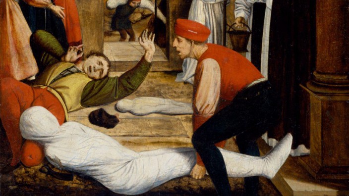 Aus der Geschichte lernen: Neue Rituale: Ausschnitt aus Josse Lieferinxes "St. Sebastian betet für die Pestopfer", entstanden 1497 bis 1499.