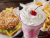 Strawberry Milkshake with a Burger and Fries; Burger