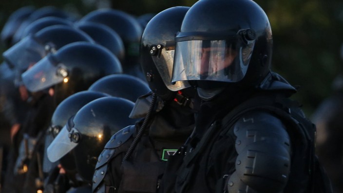 MINSK, BELARUS - AUGUST 10, 2020: Riot police officers guard a street during a protest against the results of the 2020