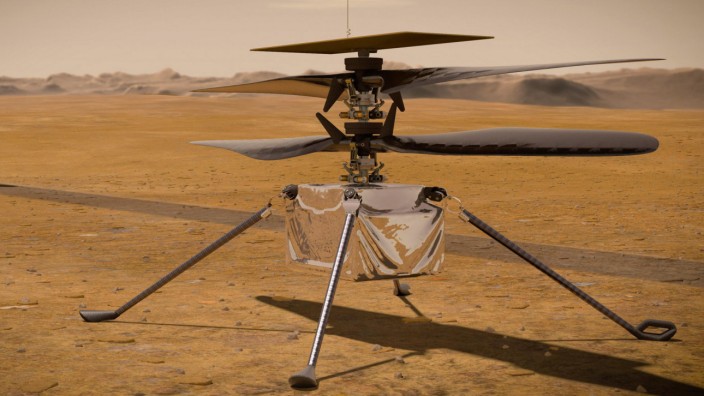 Weltraum: Der Roboterhubschrauber Ingenuity soll dem Rover helfen, eine optimale Route im Krater zu finden. Um in der dünnen Marsatmosphäre fliegen zu können, muss er sehr leicht sein.